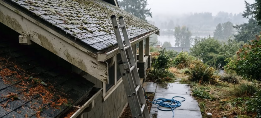 Roof moss growing on a shaded home in Vancouver